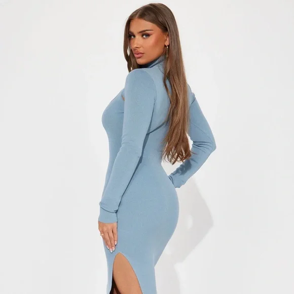 ~Allison Slate Blue Sweater Dress W/ Bolero Neckline, Front Cutout & Side Split~ - Picture 3 of 11